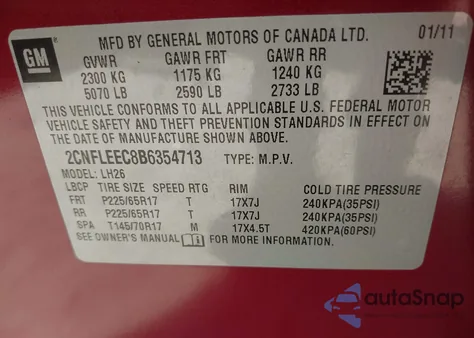 2011 Chevrolet Equinox 1Lt from USA, damaged, VIN 2CNFLEEC8B6354713